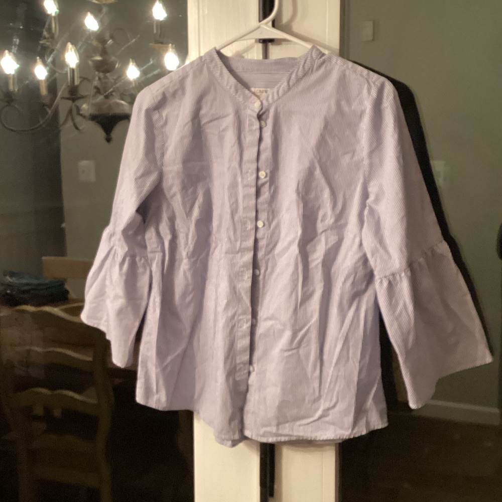 J. Crew Blue and White Striped V-Neck Shirt